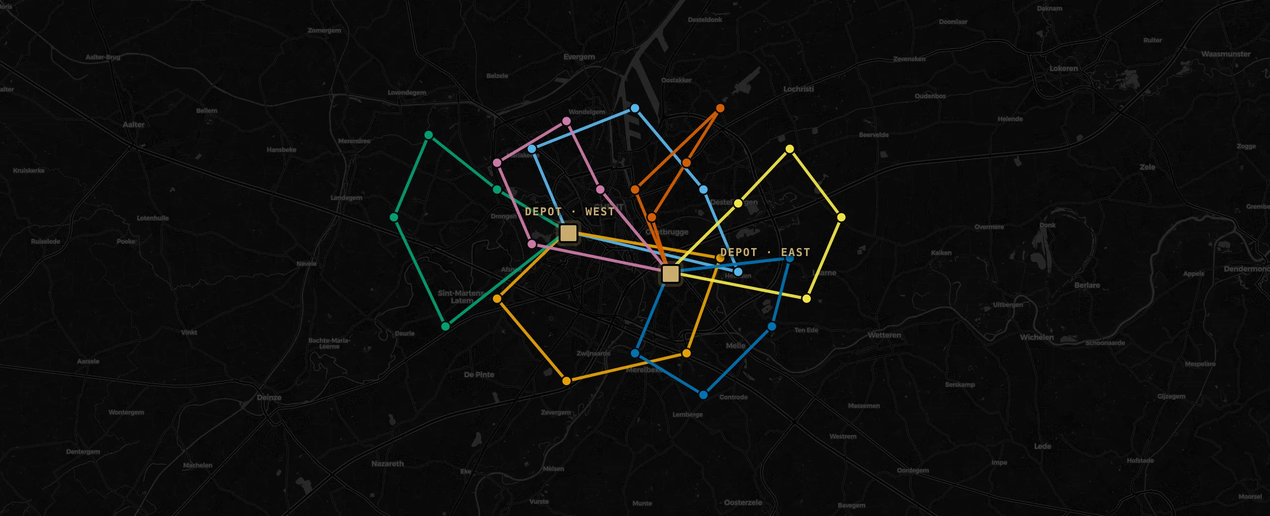 Home bases and colour-coded technician routes drawn over central Ghent on the live dark map