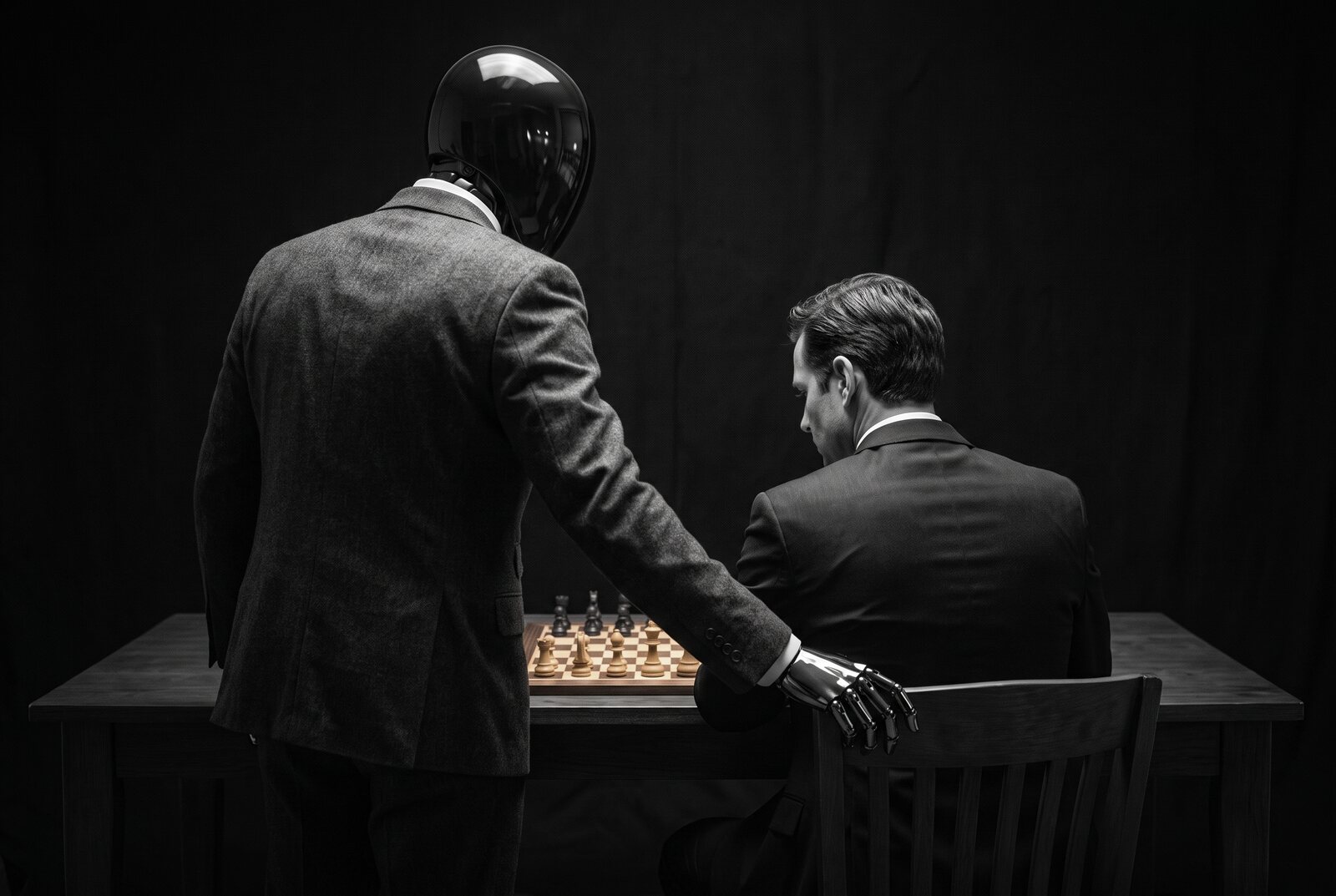The gentleman AI standing at the seated planner's shoulder, both on the same side of the chessboard